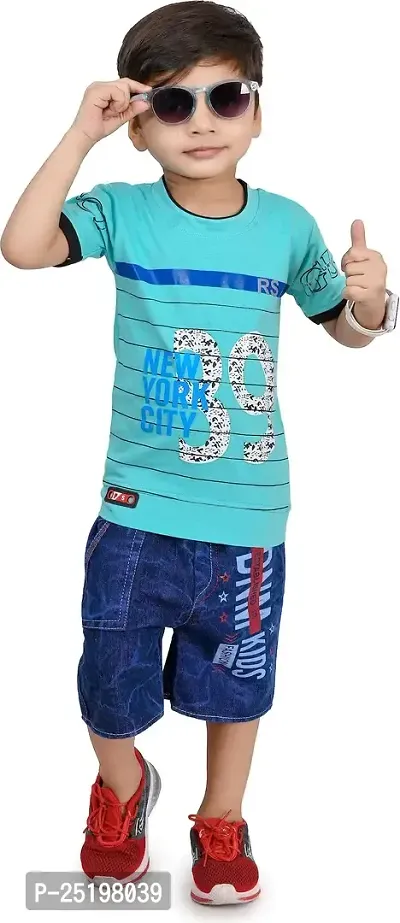 Zenat Boys Cotton Blend Regular Fit Printed Round Neck Half Sleeve Casual Wear T-Shirt  Jeans SetTS-39