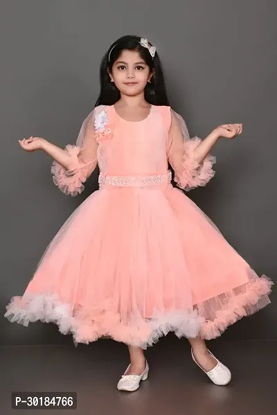 Fabulous Peach Net Fit And Flare Dress For Girls