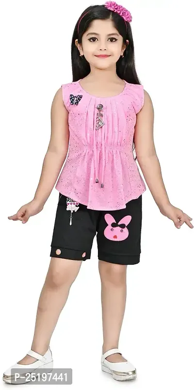 Zenat Girls Polycotton Regular Fit Round Neck Half Sleeve Casual Wear Top  Shorts Set-thumb0