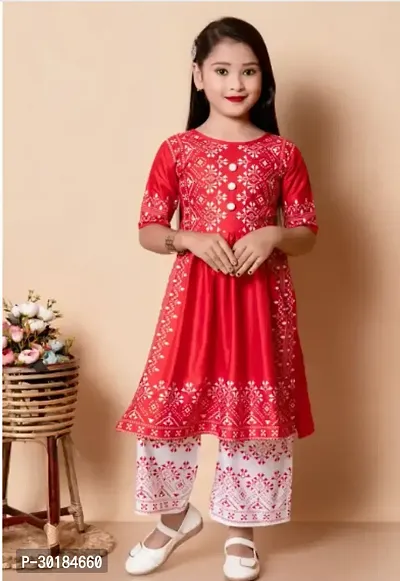 Alluring Red Viscose Rayon Embroidered Kurta With Palazzo For Girls-thumb0