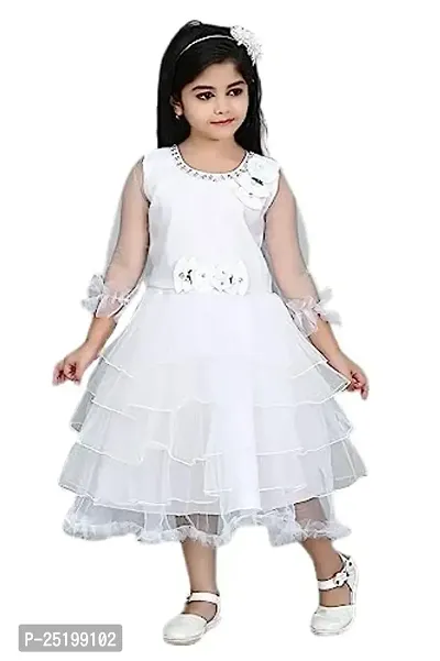 Zenat Girls Net Regular Fit Calf Length Casual Dress (White_3-4 Years) AK0044-W-3/4