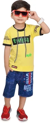Zenat Boys Cotton Blend Regular Fit Printed Round Neck Half Sleeve Casual Wear T-Shirt & Jeans SetTS-Twist