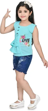 Zenat Girls Polycotton Regular Fit Printed Round Neck Half Sleeve Casual Wear Top  Pant Set (Sky Blue_2-3 Years)-thumb3