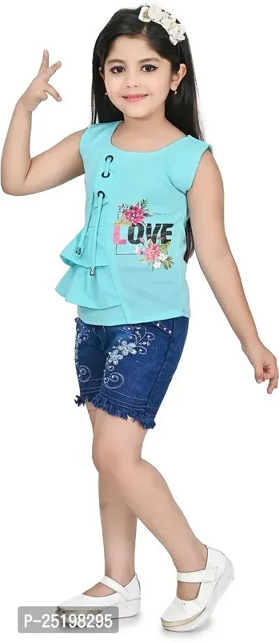 Zenat Girls Polycotton Regular Fit Printed Round Neck Half Sleeve Casual Wear Top  Pant Set (Sky Blue_2-3 Years)-thumb4