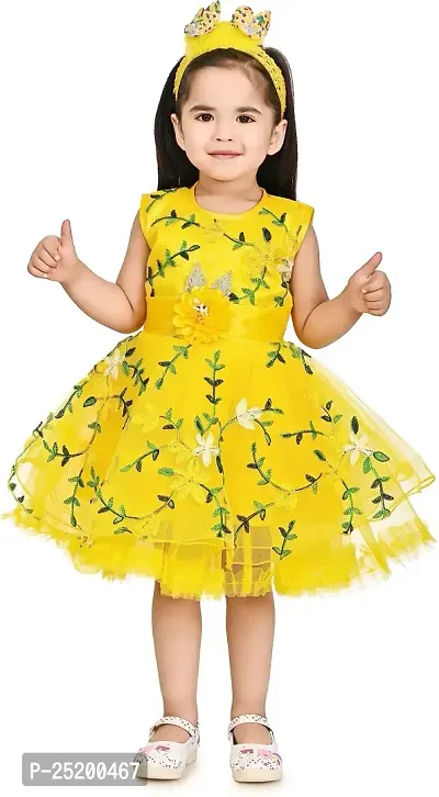 Zenat Girls Silk Blend Regular Fit Midi/Knee Length Casual Dress (Yellow_1-2 Years)-thumb0