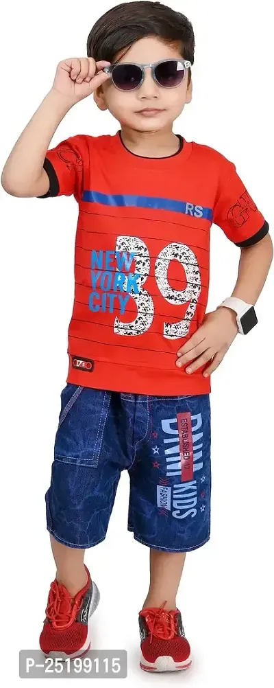 Zenat Boys Cotton Blend Regular Fit Printed Round Neck Half Sleeve Casual Wear T-Shirt  Jeans SetTS-39