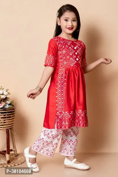 Alluring Red Viscose Rayon Embroidered Kurta With Palazzo For Girls-thumb5