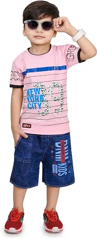 Zenat Boys Cotton Blend Regular Fit Printed Round Neck Half Sleeve Casual Wear T-Shirt & Jeans SetTS-39