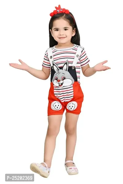 Zenat Girls Cotton Blend Regular Fit Printed Round Neck Half Sleeve Casual Wear Dungaree Dress Set (Red_2-3 Years)