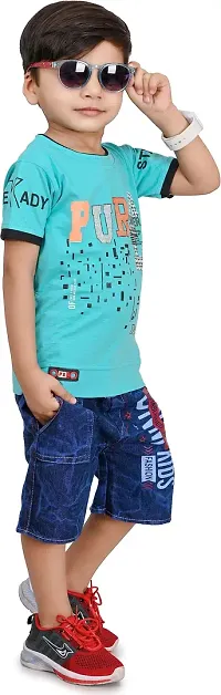 Zenat Boys Cotton Blend Regular Fit Printed Round Neck Half Sleeve Casual Wear T-Shirt  Jeans SetTS-Pure-thumb4