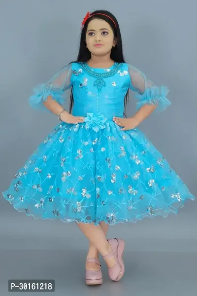 Elegant Blue Net Self Pattern Dresses For Girls-thumb0