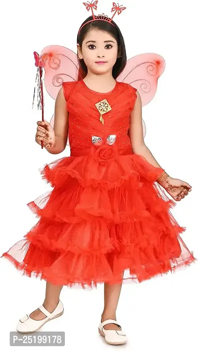 Zenat Girls Silk Blend Regular Fit Above Knee Length Daily Dress with Elegant Design (Red, 12-18 Months)_VI003