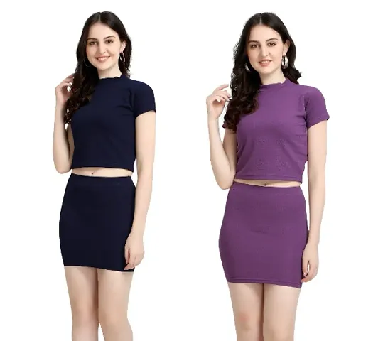 Crepe Solid Top Skirt Set - Combo Of 2