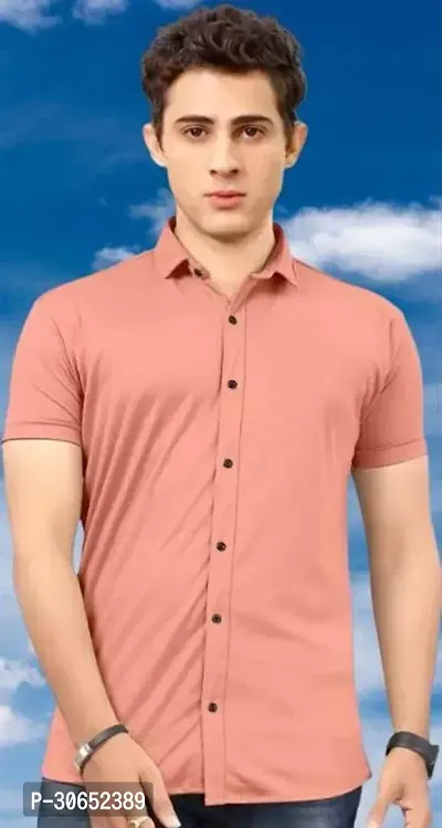 Stylish Cotton Spandex Solid Peach Short Sleeves Shirt For Men