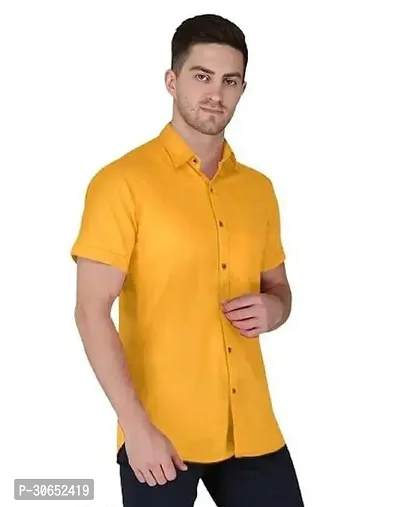 Stylish Cotton Spandex Solid Yellow Short Sleeves Shirt For Men