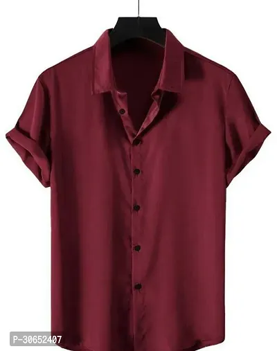 Stylish Cotton Spandex Solid Maroon Short Sleeves Shirt For Men-thumb0