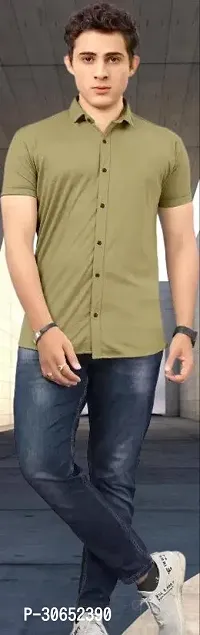 Stylish Cotton Spandex Solid Olive Short Sleeves Shirt For Men-thumb0