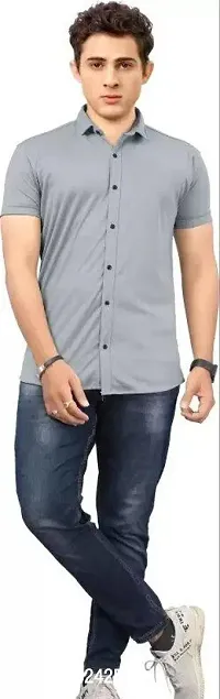 Stylish Cotton Spandex Solid Grey Short Sleeves Shirt For Men-thumb0