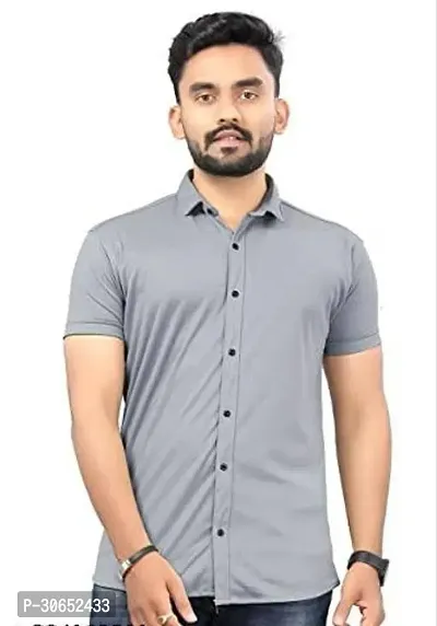 Stylish Cotton Spandex Solid Grey Short Sleeves Shirt For Men-thumb0