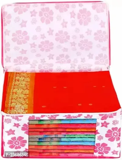 Classecrafts Floral Non Woven Fabric Saree Cover/Clothes Organizer With Transparent Window Pink7pc flower print NW(Pink)-thumb4