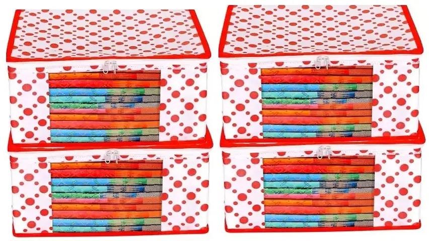 Classecrafts Non Woven Fabric Saree Cover/Clothes Organizer With Window Red4pc non woven polka dot(Red)