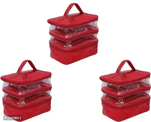 CLASSECRAFTS Pack of 3 Transparent PVC Make Up Kit Cum Jewellery Kit (Red) Makeup Bag Toiletries Bag Cosmetic Kit Pouch Utility Bag vanity box, jewellery box, makeup box, Vanity Box  (Red)