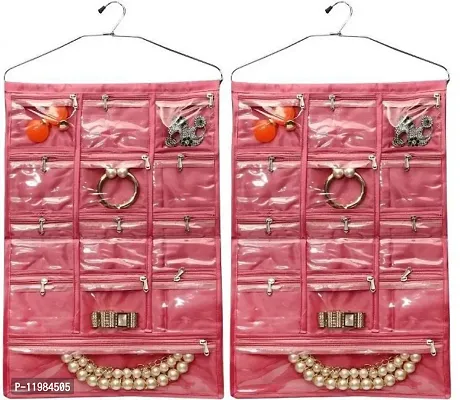 Pink Satin 2 Piece 13 Pocket Hanging Jewellery organizer Makeup pouch Cosmetic Bag Bindi Organizer Vanity Kit wardrobe Organizer-thumb0