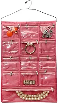 Pink Satin 2 Piece 13 Pocket Hanging Jewellery organizer Makeup pouch Cosmetic Bag Bindi Organizer Vanity Kit wardrobe Organizer-thumb1