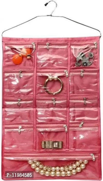 Pink Satin 2 Piece 13 Pocket Hanging Jewellery organizer Makeup pouch Cosmetic Bag Bindi Organizer Vanity Kit wardrobe Organizer-thumb2