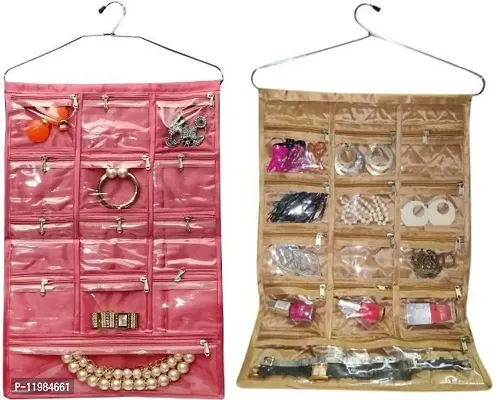 Pink,Gold Satin 2 Piece 13 Pocket Hanging Jewellery organizer Makeup pouch Cosmetic Bag Bindi Organizer Vanity Kit wardrobe Organizer