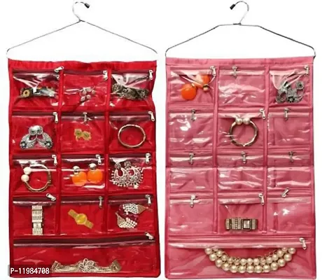 Maroon,Pink Satin 2 Piece 13 Pocket Hanging Jewellery organizer Makeup pouch Cosmetic Bag Bindi Organizer Vanity Kit wardrobe Organizer