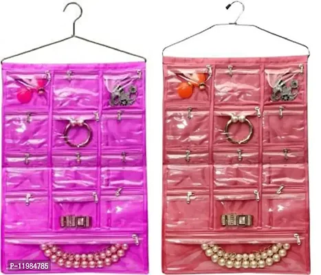 Purple,Pink Satin 2 Piece 13 Pocket Hanging Jewellery organizer Makeup pouch Cosmetic Bag Bindi Organizer Vanity Kit wardrobe Organizer