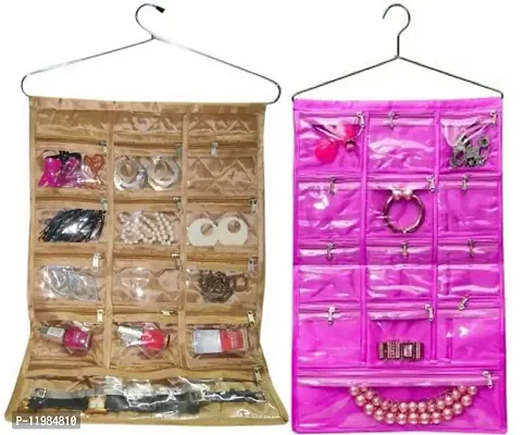 Gold,Purple Satin 2 Piece 13 Pocket Hanging Jewellery organizer Makeup pouch Cosmetic Bag Bindi Organizer Vanity Kit wardrobe Organizer