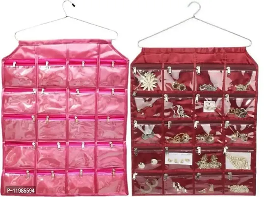 Pack of 2 Pcs 20 Pockets Hanging Jewellary Organizer Accessories Organizer(Pink,Maroon)