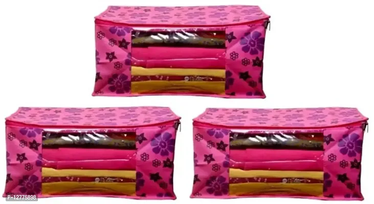 CLASSECRAFTS Saree Cover Designer Flower Design 3 Pieces Non Woven Fabric Saree Cover Set with Transparent Window (Maroon)