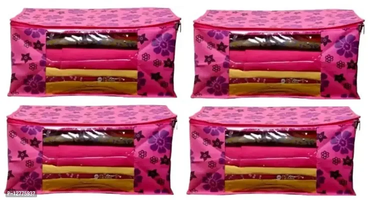 CLASSECRAFTS Saree Cover Designer Flower Design 4 Pieces Non Woven Fabric Saree Cover Set with Transparent Window (Maroon)