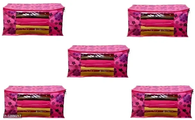 CLASSECRAFTS Saree Cover Designer Flower Design 5 Pieces Non Woven Fabric Saree Cover Set with Transparent Window (Maroon)