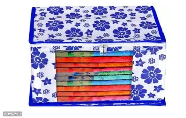 CLASSECRAFTS Saree Cover Designer Flower Design 1 Pieces Non Woven Fabric Saree Cover Set with Transparent Window (Blue)