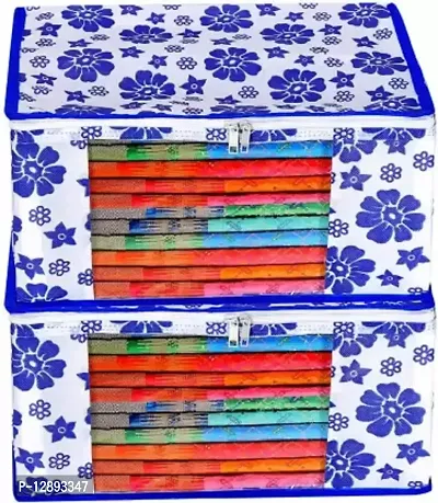 CLASSECRAFTS Saree Cover Designer Flower Design 2 Pieces Non Woven Fabric Saree Cover Set with Transparent Window (Blue)-thumb0
