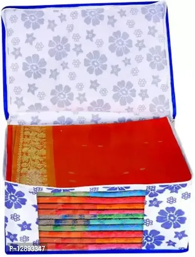 CLASSECRAFTS Saree Cover Designer Flower Design 2 Pieces Non Woven Fabric Saree Cover Set with Transparent Window (Blue)-thumb2