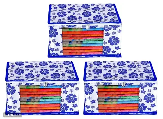 CLASSECRAFTS Saree Cover Designer Flower Design 3 Pieces Non Woven Fabric Saree Cover Set with Transparent Window (Blue)-thumb0