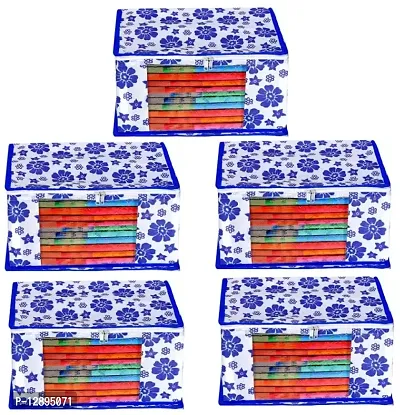 CLASSECRAFTS Saree Cover Designer Flower Design 5 Pieces Non Woven Fabric Saree Cover Set with Transparent Window (Blue)-thumb0