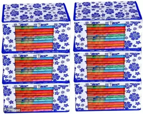 CLASSECRAFTS Saree Cover Designer Flower Design 6 Pieces Non Woven Fabric Saree Cover Set with Transparent Window (Blue)