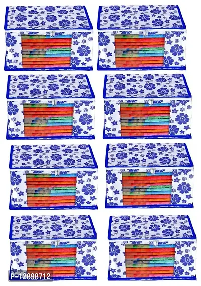 CLASSECRAFTS Saree Cover Designer Flower Design 8 Pieces Non Woven Fabric Saree Cover Set with Transparent Window (Blue)