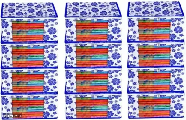 CLASSECRAFTS Saree Cover Designer Flower Design 12 Pieces Non Woven Fabric Saree Cover Set with Transparent Window (Blue)