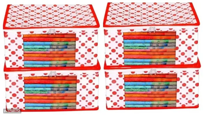 CLASSECRAFTS Garment Cover Polka Dot Non Woven Fabric Saree Cover/ Clothes Organizer with Transparent Window  Zipper Closure Pack of 4 Foldable Multipurpose Storage(Red)