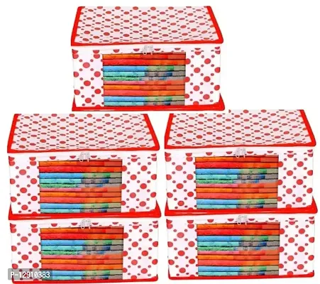 CLASSECRAFTS Garment Cover Polka Dot Non Woven Fabric Saree Cover/ Clothes Organizer with Transparent Window  Zipper Closure Pack of 5 Foldable Multipurpose Storage(Red)-thumb0