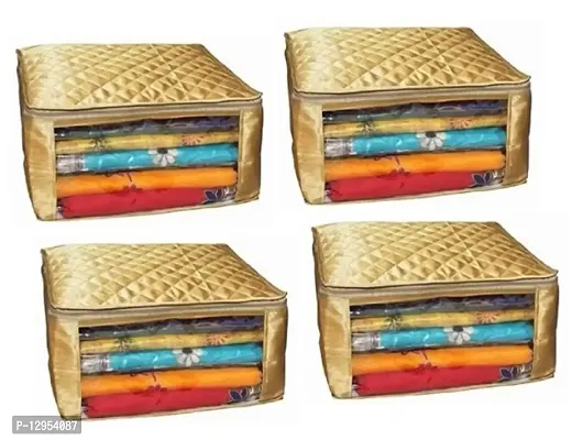 CLASSECRAFTS Saree cover High Quality Travelling Bag Pack of 4Pcs satin large(Gold)-thumb0
