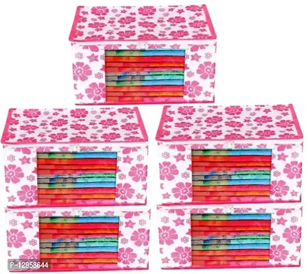 CLASSECRAFTS Saree Cover Designer Flower Design 5 Pieces Non Woven Fabric Saree Cover Set with Transparent Window (Pink)