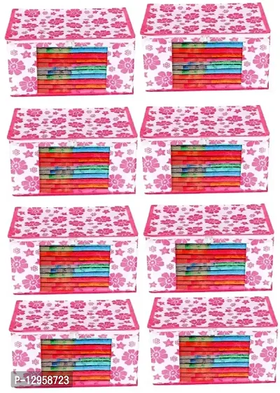 CLASSECRAFTS Saree Cover Designer Flower Design 8 Pieces Non Woven Fabric Saree Cover Set with Transparent Window (Pink)